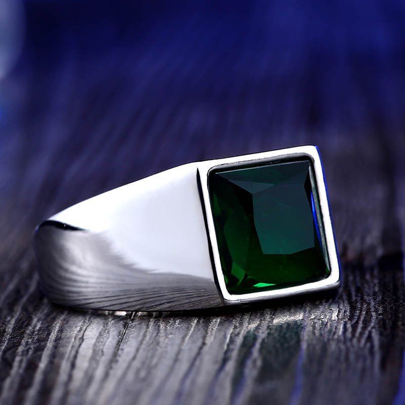 "Stainless Steel Retro Men's Ring with Inlaid Geometric Jewel"
