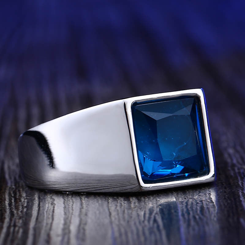 "Stainless Steel Retro Men's Ring with Inlaid Geometric Jewel"