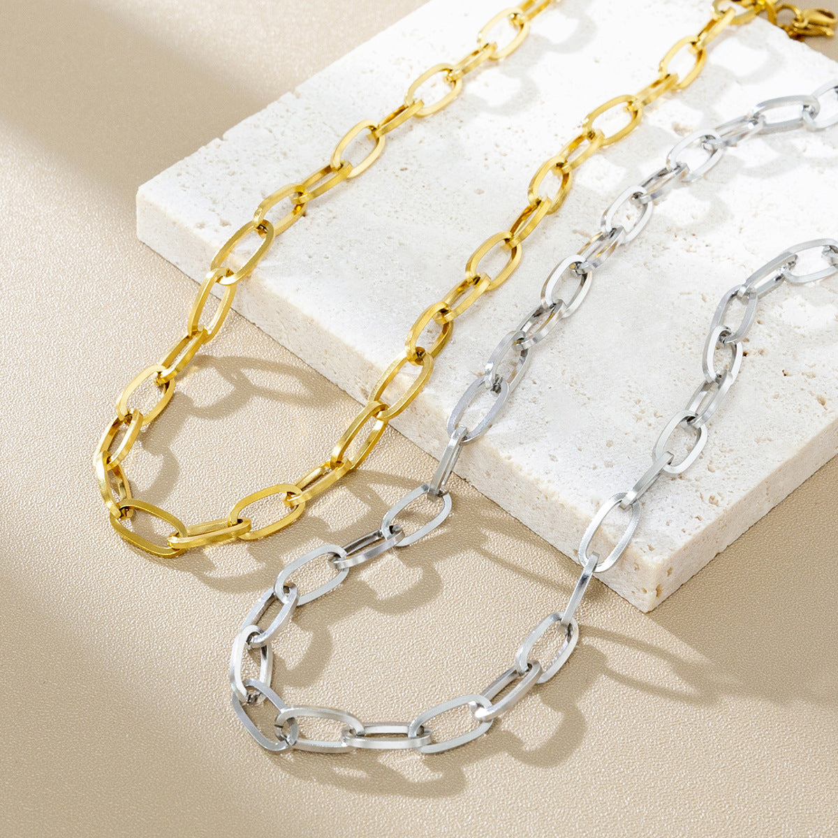 Simple Titanium Steel Flat O-Ring Necklace and Bracelet Set for Men