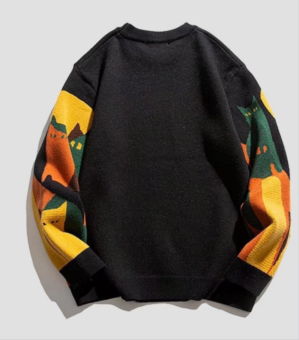 A black sweatshirt featuring vibrant, colorful designs, perfect for a cozy and stylish couple's look.