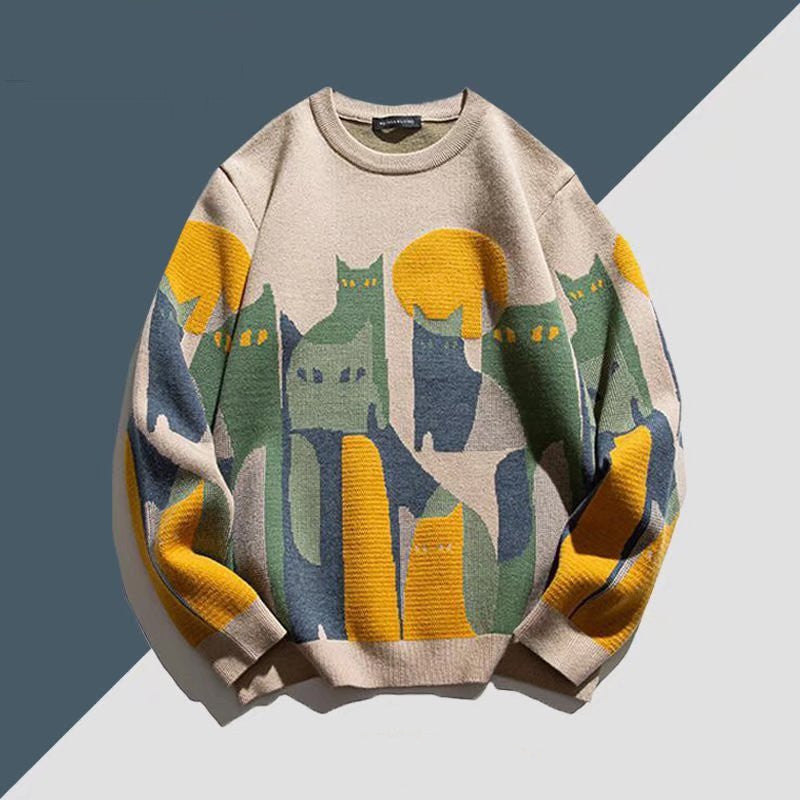 A cozy sweater featuring a playful cat design, perfect for chill vibes and snuggling up with a loved one.