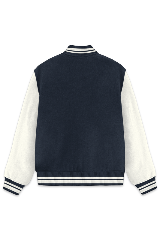 Navy and white varsity jacket displayed, showcasing its stylish design and classic athletic vibe. Perfect for casual wear!