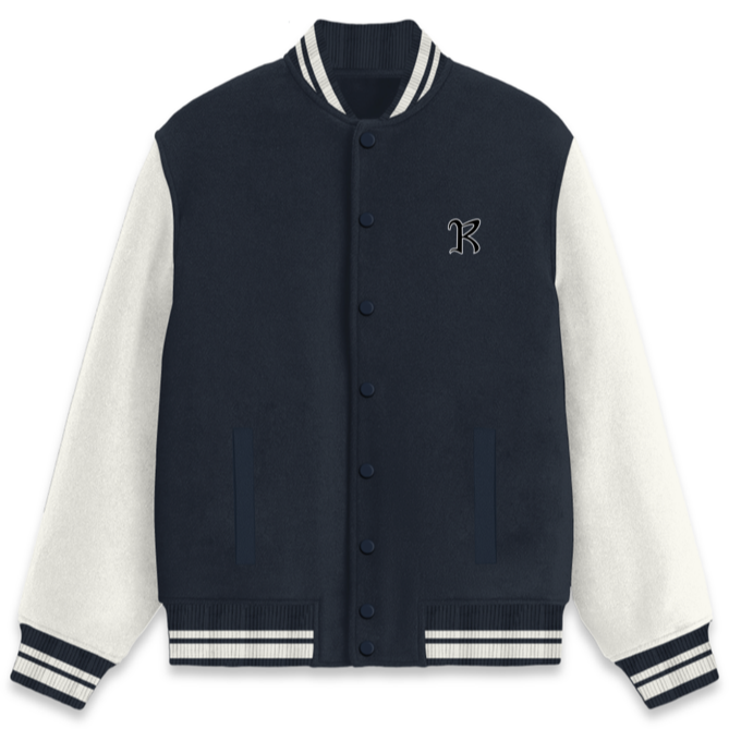 A navy and white varsity jacket featuring a prominent letter "R" on the front.