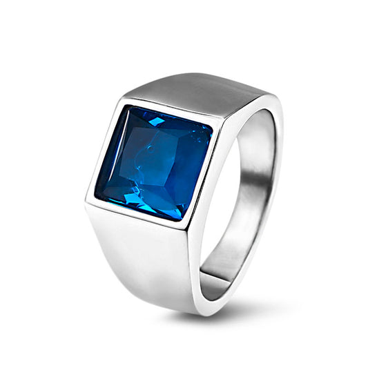 "Stainless Steel Retro Men's Ring with Inlaid Geometric Jewel"