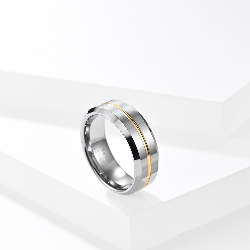 "Men's Blue & Gold Tungsten Steel Slotted Ring with Electroplated Finish"
