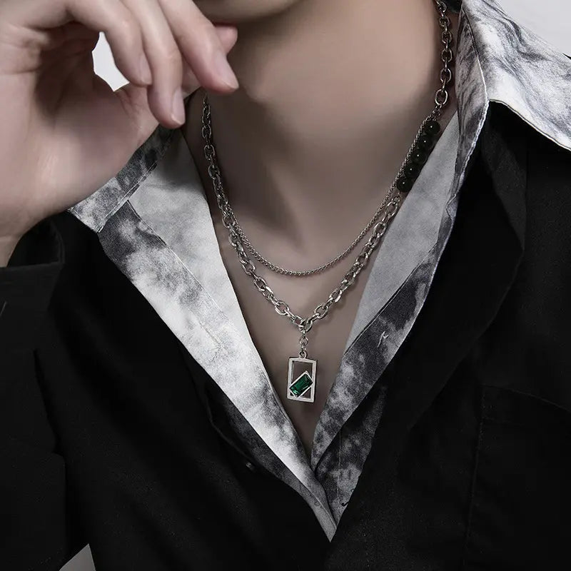 "Emerald Enigma: Titanium Steel Hip-Hop Necklace | Trendy Urban Jewelry for USA and Canada" Roljord