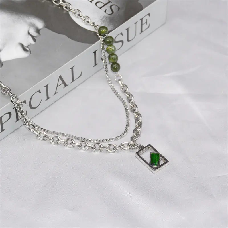 "Emerald Enigma: Titanium Steel Hip-Hop Necklace | Trendy Urban Jewelry for USA and Canada" Roljord